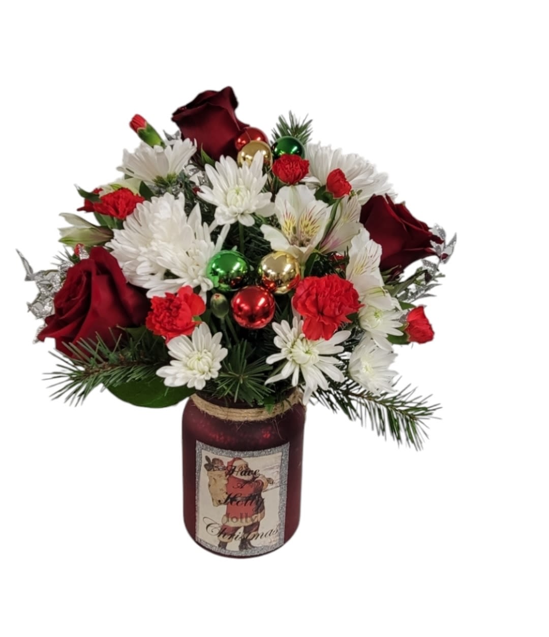 Jolly Christmas - A traditional Christmas Arrangement in red &amp; white accented with multicolored Christmas balls designed in one of these 3 keepsake holiday jars.