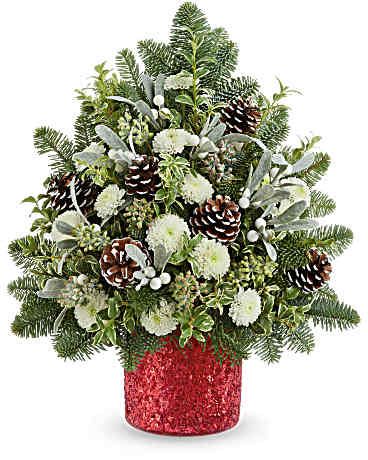 Teleflora's Winter Whisper Tree - Teleflora's Winter Whisper Tree brings serene holiday beauty with snowy white blooms, frosted pinecones, and winter greens. This floral holiday tree arranged in Teleflora's sparkling Magical Wish Vase is a peaceful gift for the season.