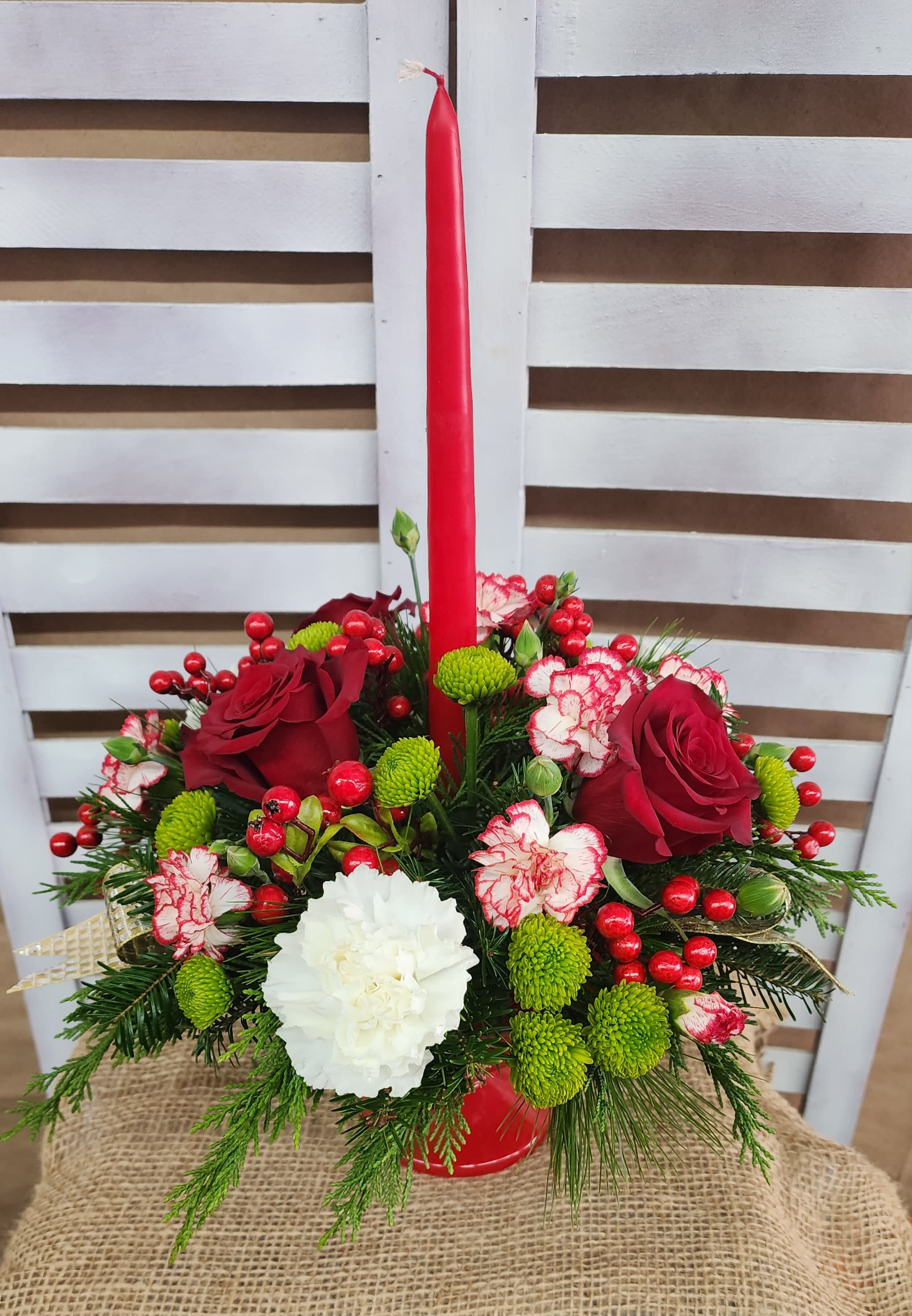 O Holy Night - Roses, faux berries, gold loops and other long lasting flowers paired together in this sweet red compote is the perfect finishing touch to your holiday table. 