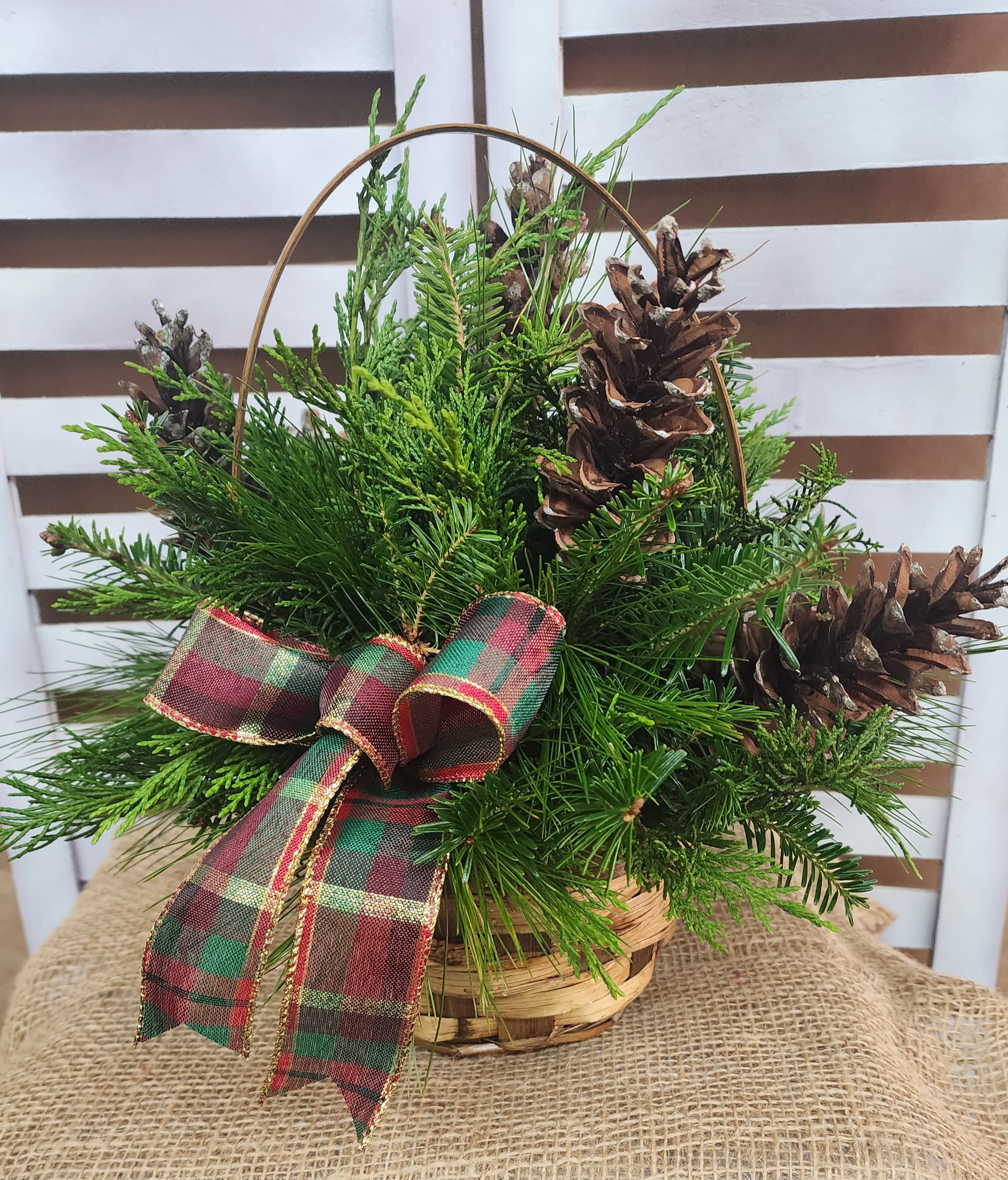 Scent of the Season - A fragrant mix of seasonal greenery, pine cones and tartan plaid bows in a basket bring the wonderful smells of the season right to your table!  Deluxe and premium pricing includes flowers. 