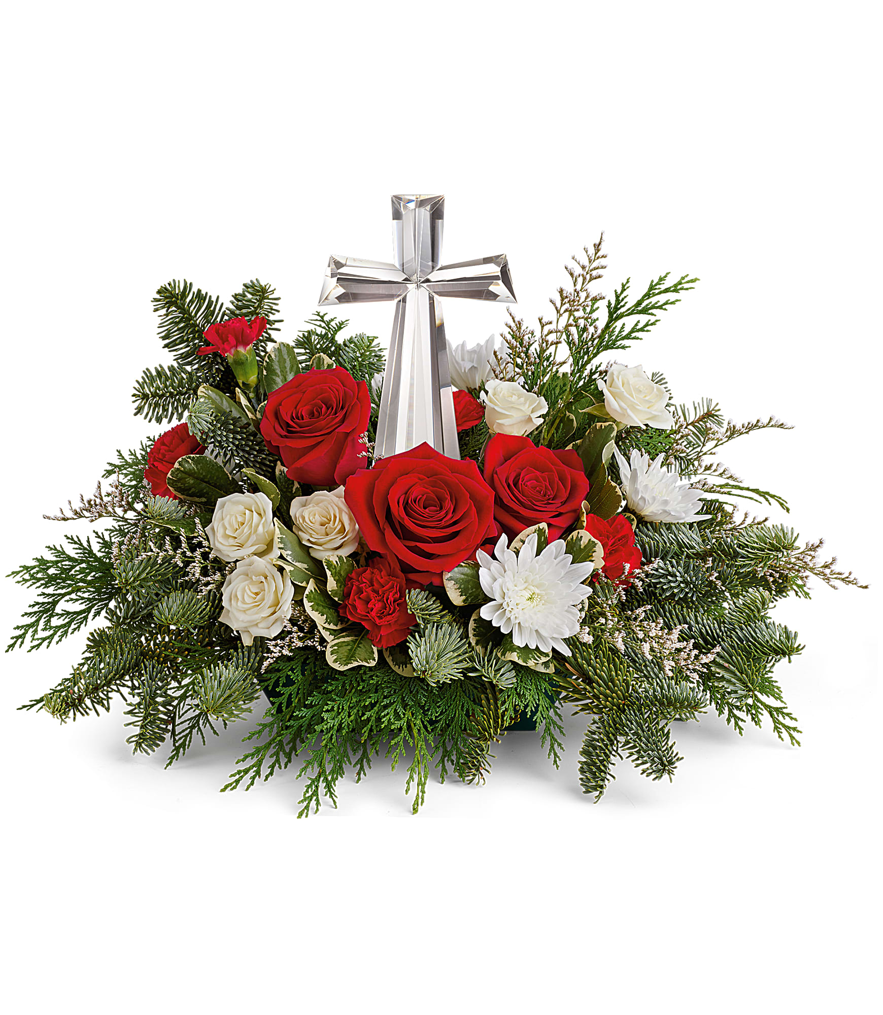 Joy of Light - A timeless keepsake crystal cross is nestled elegantly among red and white blooms, and accented with seasonal foliage and fillers.
