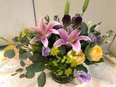 Lovely  ! - Roses, Lilies,  Allium, Stock , Eucalyptus, Fancy Greens