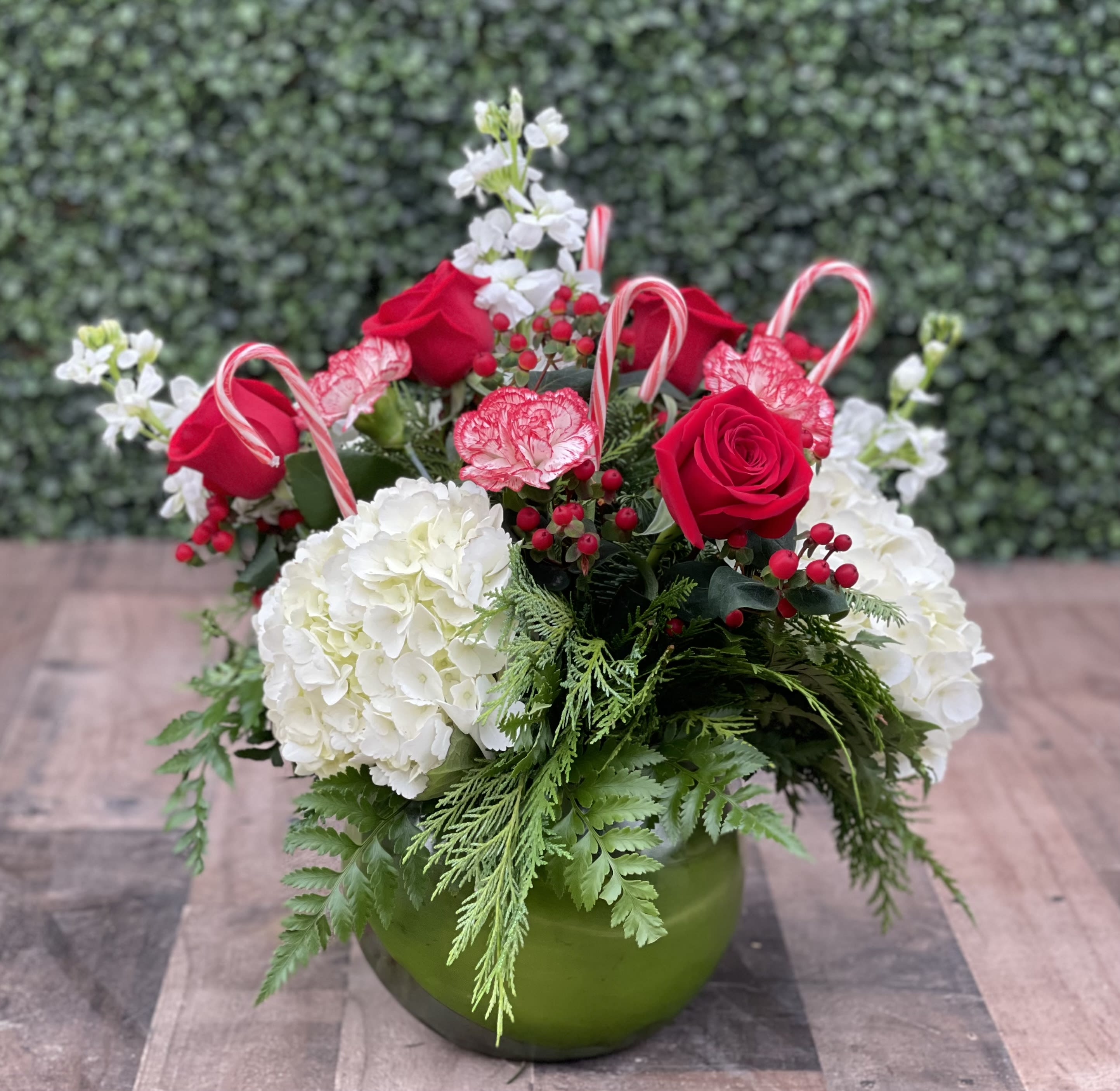 PEPPERMINT - This fun and festive arrangement comes designed in a bubble bowl with white hydrangeas, red roses, stock or snapdragons, Christmas greens, berries and of course peppermint carnations and candy canes!