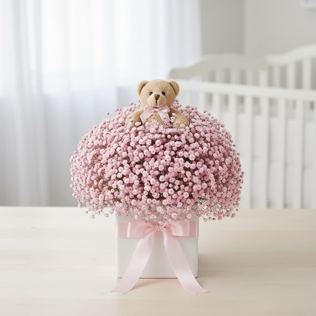 Rose Cloud By Black Cat Florist  - A truly ethereal and contemporary design, perfect for a modern nursery. This arrangement features nothing but a massive, overflowing cloud of delicate pink baby's breath, creating a soft, textural centerpiece. This light and airy design is a unique, long-lasting, and hypoallergenic alternative to traditional flowers, offering a touch of magic for the new baby girl.