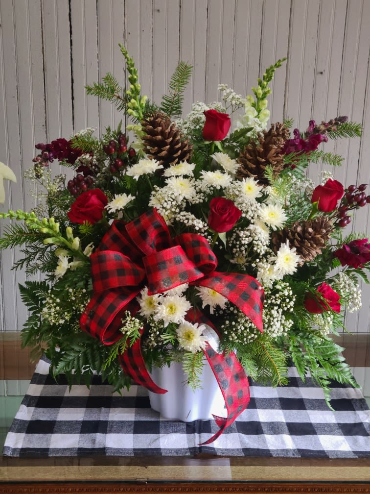 Warm Memories - This is a beautiful spray of a winter mix of flowers including pine cones and a buffalo plaid ribbon. 