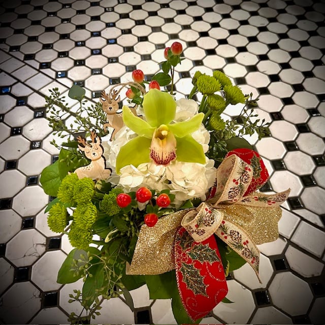 Christmas Celebration - The perfect gift for anyone on your Christmas list, the Christmas Celebration design is elegant and full of holiday cheer!  This design includes a green Cymbidium Orchid, white Hydrangea, green Button Mums, and red berries. Also included is Christmas trim of ribbon and a keepsake ornament.