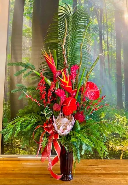 Holiday Extravaganza - Spectacular and lush, the Holiday Extravaganza design will create a stunning display with the most unusual and premium flowers for your floral gift. Includes a large variety of evergreen, berries, tropical heliconia, Gladiolus, Anthurium, Ginger, Protea, Orchids, Pine cones, and Ribbon.  Perfect for festivities, home or office! 