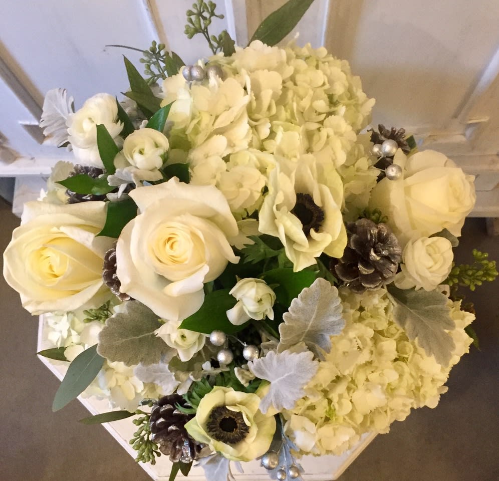 Silver Bells - Colors of Silver, White and Green will spread cheer with this captivating and elegant bouquet. Compact design will include touches of silver with white hydrangea, white roses, anenomies, pinecones and beautiful winter foliage 