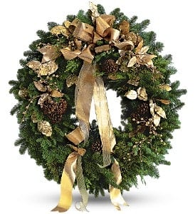 Golden Evergreen Wreath - When guests come knocking, they're in for a real treat. This festive wreath will let them know how great it is to see them.  One 30&quot; mixed evergreen wreath arrives decorated with pinecones and berries, and is adorned with gold ribbons and trim.  Approximately 30&quot; D  Orientation: One-Sided  As Shown : TF97-1