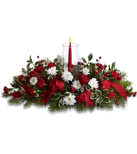 Happy Holidays Centerpiece - This impressive decorative centerpiece with glass-enclosed red candle will not only make the holidays merrier, it'll make them jollier, too.