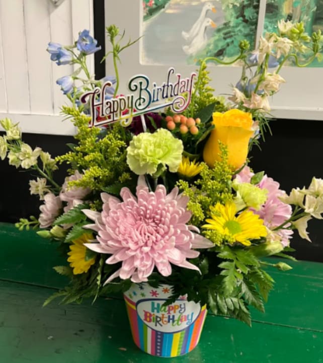 Birthday Brights - The Birthday Brights Bouquet is a true celebration of color and life to surprise and delight your special recipient on their big day! Presented in a modern vase with colorful striping at the bottom, and "Happy Birthday" lettering at the top, this unforgettable fresh flower arrangement is then accented with a bright happy birthday pick to create a fun and festive gift.