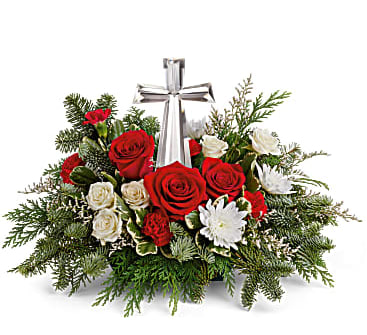 Joy of Light  - The crystal cross is nestled elegantly among red and white blooms, this keepsake brings joy and light to your special occasion. Delivered with a Crystal Cross Keepsake.