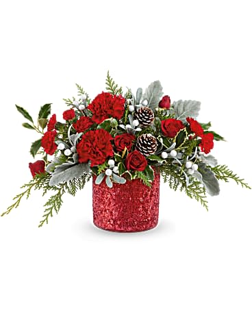 Make a wish bouquet - Sparkly red glass cylinder vase filled with fragrant evergreens, red carnations, red minis and red spray roses 