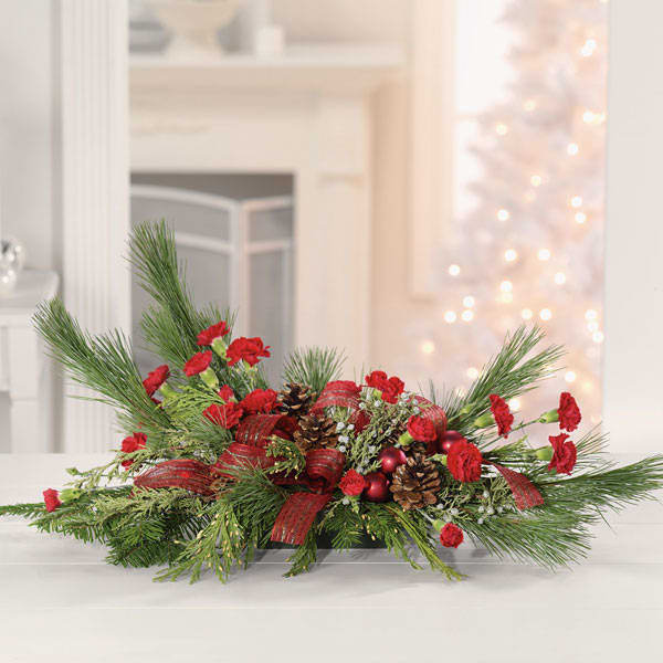 Festive Pine Centerpiece - Fresh Pine with Mixed Greens And Red Pixies.