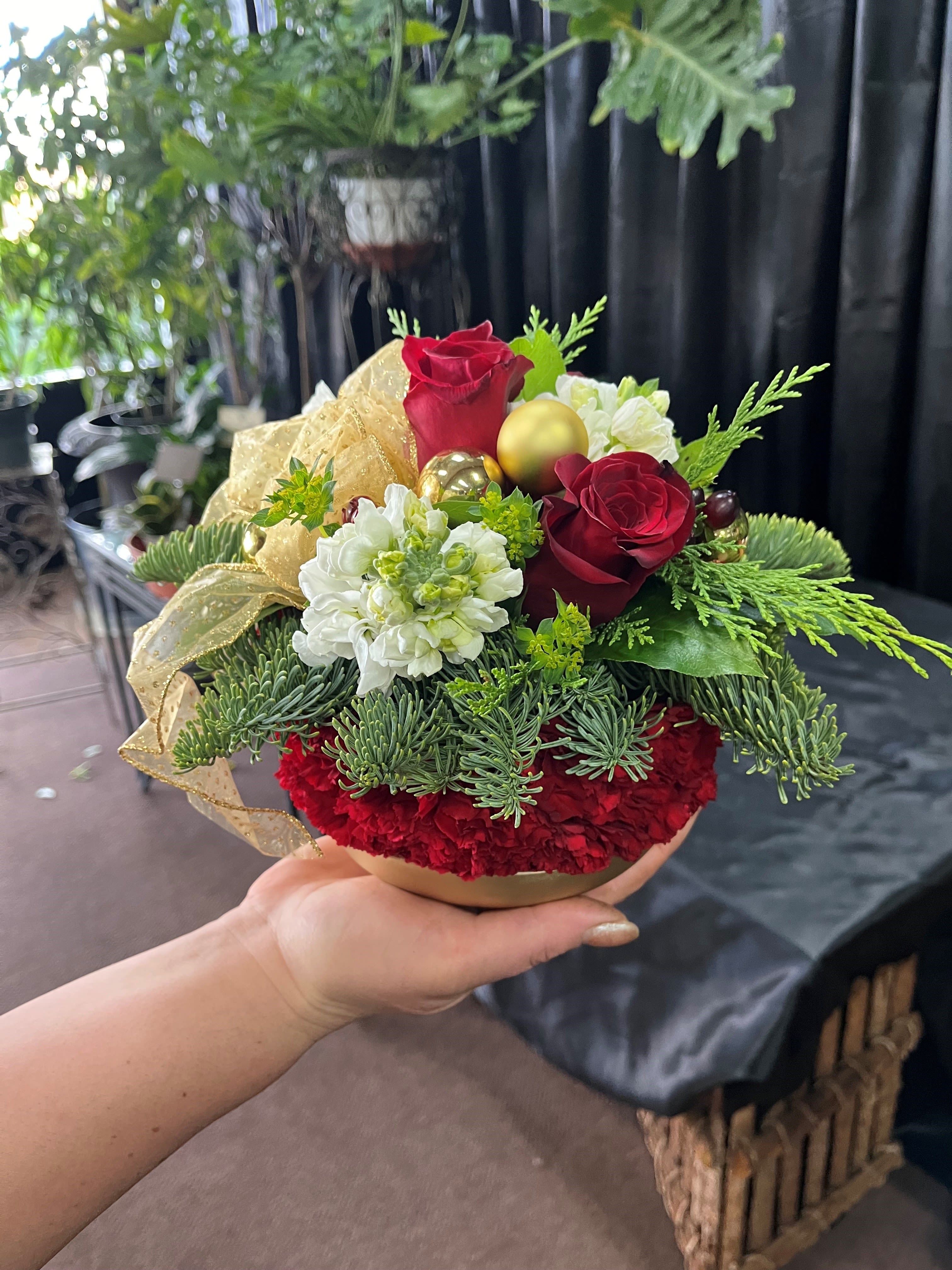 Holiday Glow - Around arrangement resembling a Christmas ball