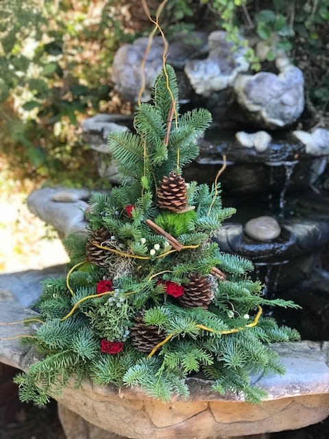 Holiday Tree  - Handmade Holiday Tree with fresh cut Fir, Pine &amp; Cedar accented with pinecones, winter berries, cinnamon sticks &amp; spray roses. 