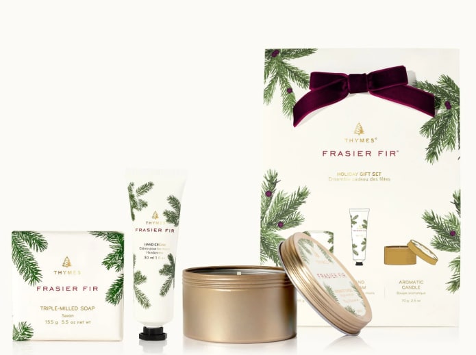 Frasier Fir® Novelty Holiday Gift Set - This giftable set comes complete with a bar soap, petite hand cream, and travel tin in the beloved Frasier Fir fragrance with finishing touches of warm mulberry velvet and berry accents. Your go-to hostess gift for holiday parties.