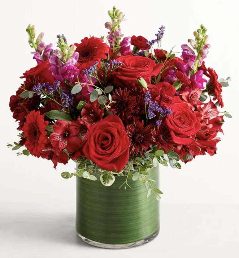 Red Radiance - Bold, vibrant, and overflowing with passion, this luxurious arrangement showcases the most beautiful shades of red in a modern floral masterpiece. Lush red roses, gerbera daisies, snapdragons, and seasonal blooms come together in a rich, full composition that feels both dramatic and refined. Touches of deep burgundy flowers and wisps of purple accent stems add depth and texture, creating a layered look that elevates the entire design. The flowers are arranged in a glass vase, giving the peace a clean, contemporary finish worthy of any stylish interior.  Perfect for romantic gesture, birthdays, celebrations, or simply making someone feel deeply appreciated, this arrangement delivers unforgettable impact and timeless elegance.  It's also a perfect peace for Holidays like Christmas and New Year's giving a joy and colorful vibe. 