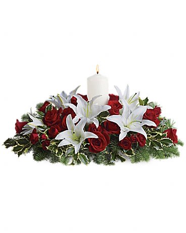 *** allow 3 days notice *** Luminous Lilies Centerpiece - This luminous centerpiece is a glowing way to spread the joy of the season. Whether displayed on the dining table or placed elsewhere it will light up any room with holiday cheer.