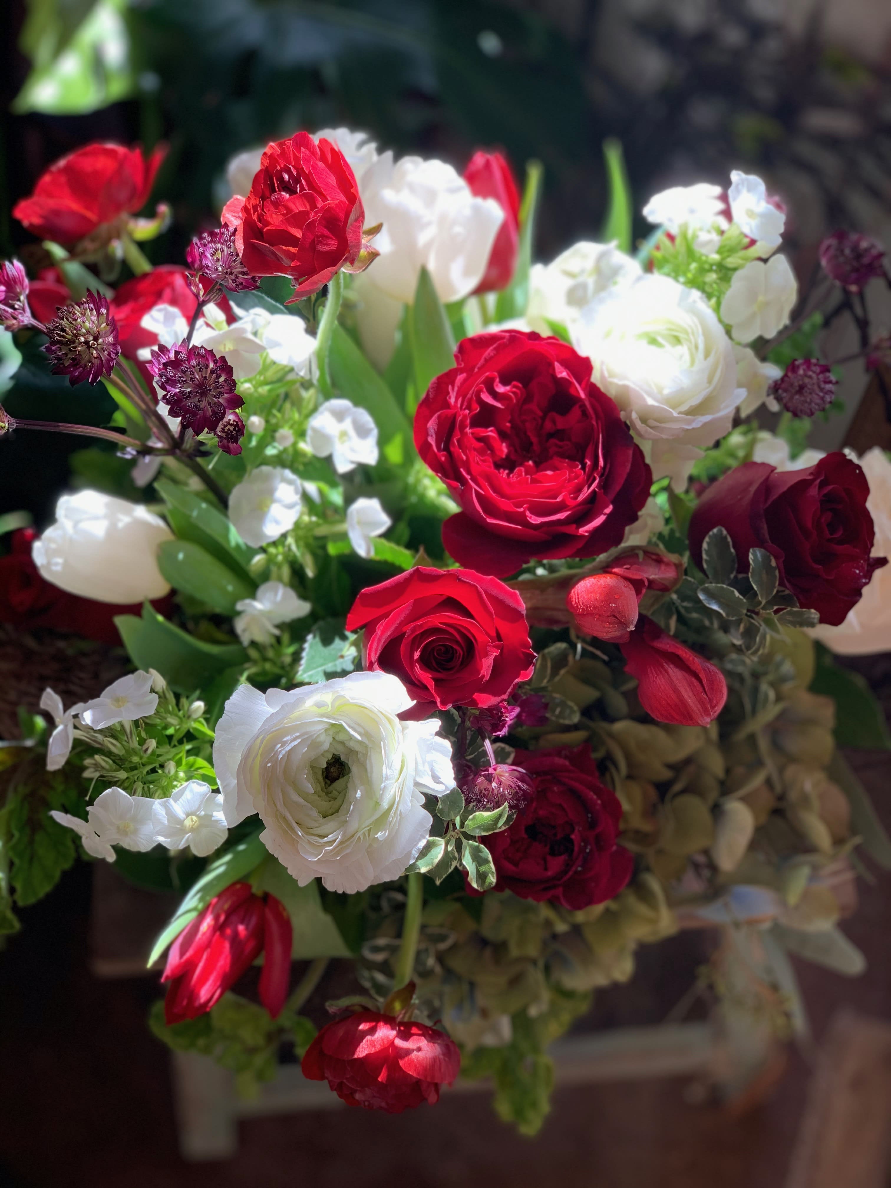 Love is in the Air - This casual and lively arrangement combines reds, whites, and other complementary colors to create a dynamic performance of color. With an abundance of choice foliage adding depth to the blooms, this arrangement will be sure to wow your loved ones. 