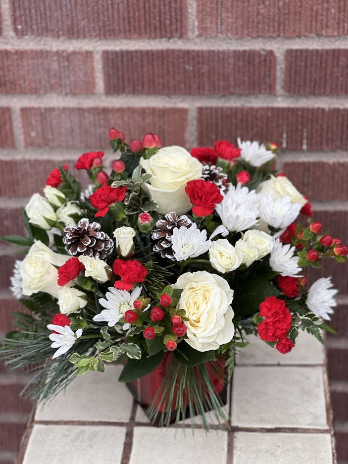 Make Merry - Deliver a winter's day delight. This sweet bouquet includes red carnations and white carnations beautifully arranged in our bright red glass cube.