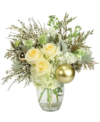 GOLDEN PEACE VASE ARRANGEMENT  - Complete your seasonal table with this dazzling arrangement! With cream roses, white stock, hydrangeas, and golden baubles, Golden Peace is the perfect decoration. Order this lovely bouquet today and create an exquisite winter escape! 