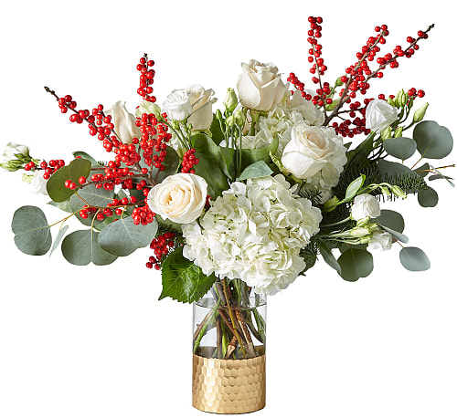 Winter Forest Bouquet - String boughs of holly throughout your home with our Winter Forest Bouquet. Anticipate dynamic movement with a diverse gathering of white roses, hydrangea, lisianthus, crimson ilex berries and wooded greenery for a dazzling holiday.
