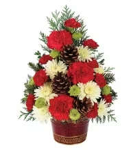Christmas Tree Celbration - Recipe Details: Carnationa, Mini Carnations, Cushion Poms, Button Poms, Pinecones &amp; Assorted Christmas Greens
