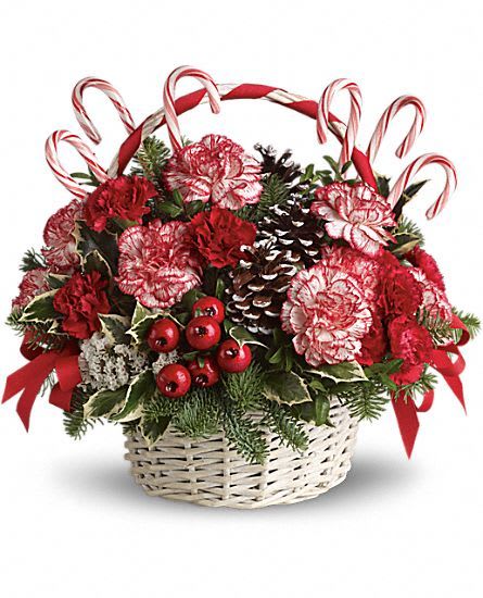 Candy cane Christmas basket - A-tisket, a-tasket, a candy cane Christmas basket. What fun it will be when this cheery basketful of holiday joy gets delivered! Peppermint and red carnations, pinecones, berries, holly, ribbon and real candy canes are delightfully placed in a white wicker basket. So festive and unique, this bright bouquet is sure to send a message of holiday joy.
