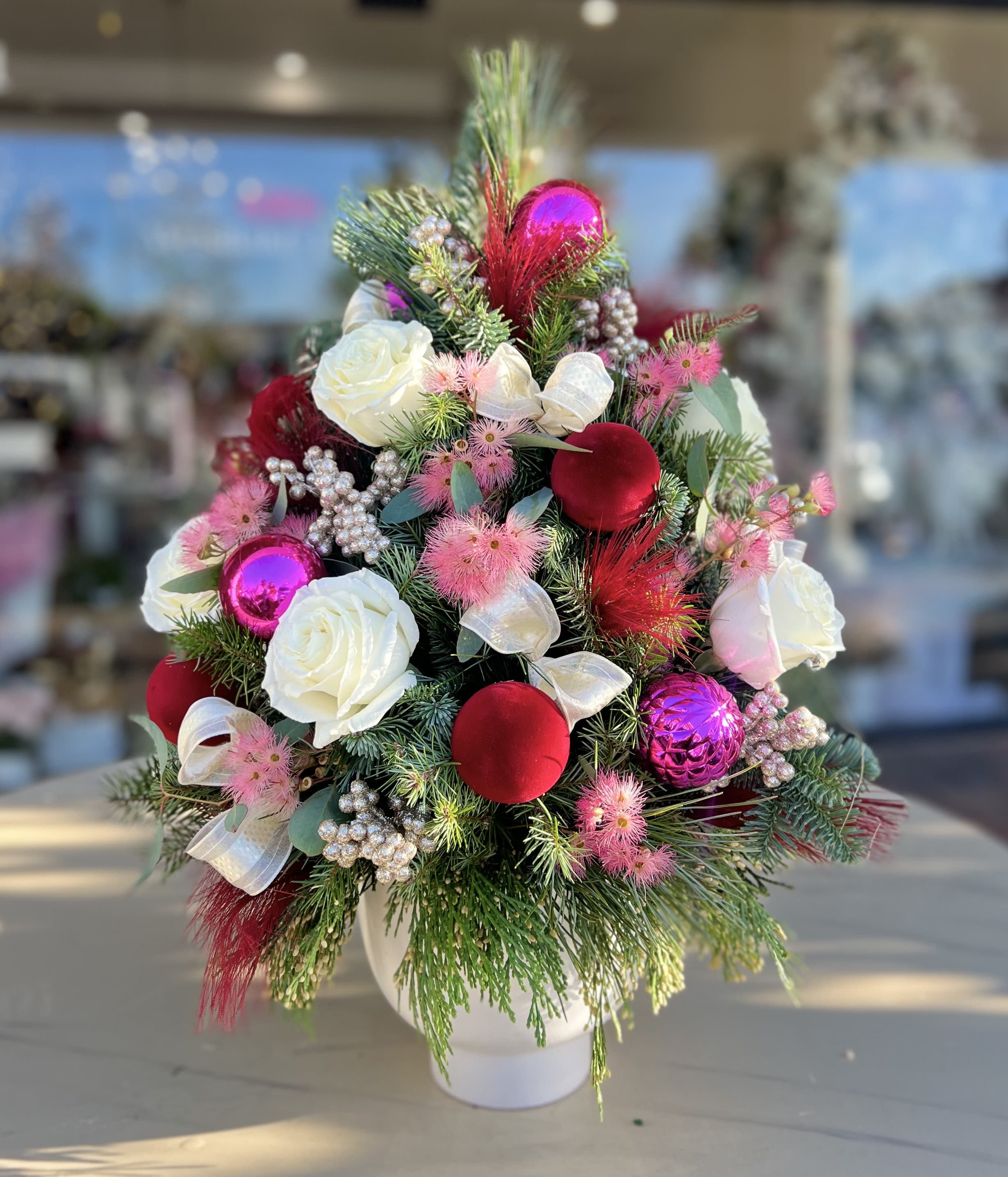 Christmas Tree  bouquet  - Stunning g Christmas Tree Bouquet with roses and holiday ornaments 