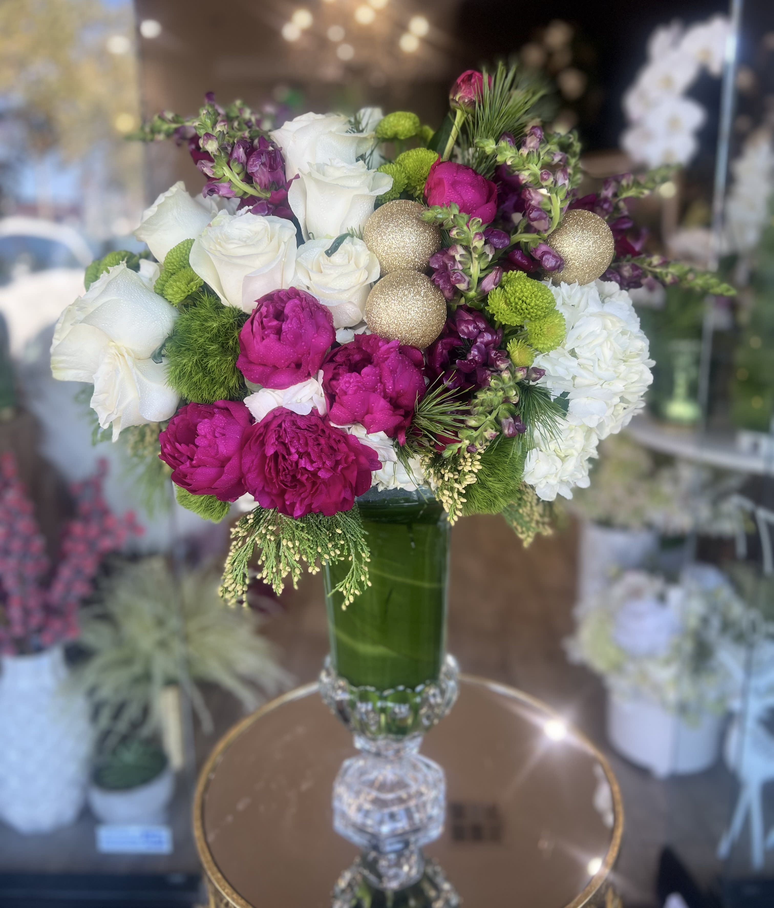 Sleigh My Name  - Georgene holiday bouquet of burgundy and white including Peonies, Roses, Hydrangeas, Snap Dragons and more in stunning glass urn vase 