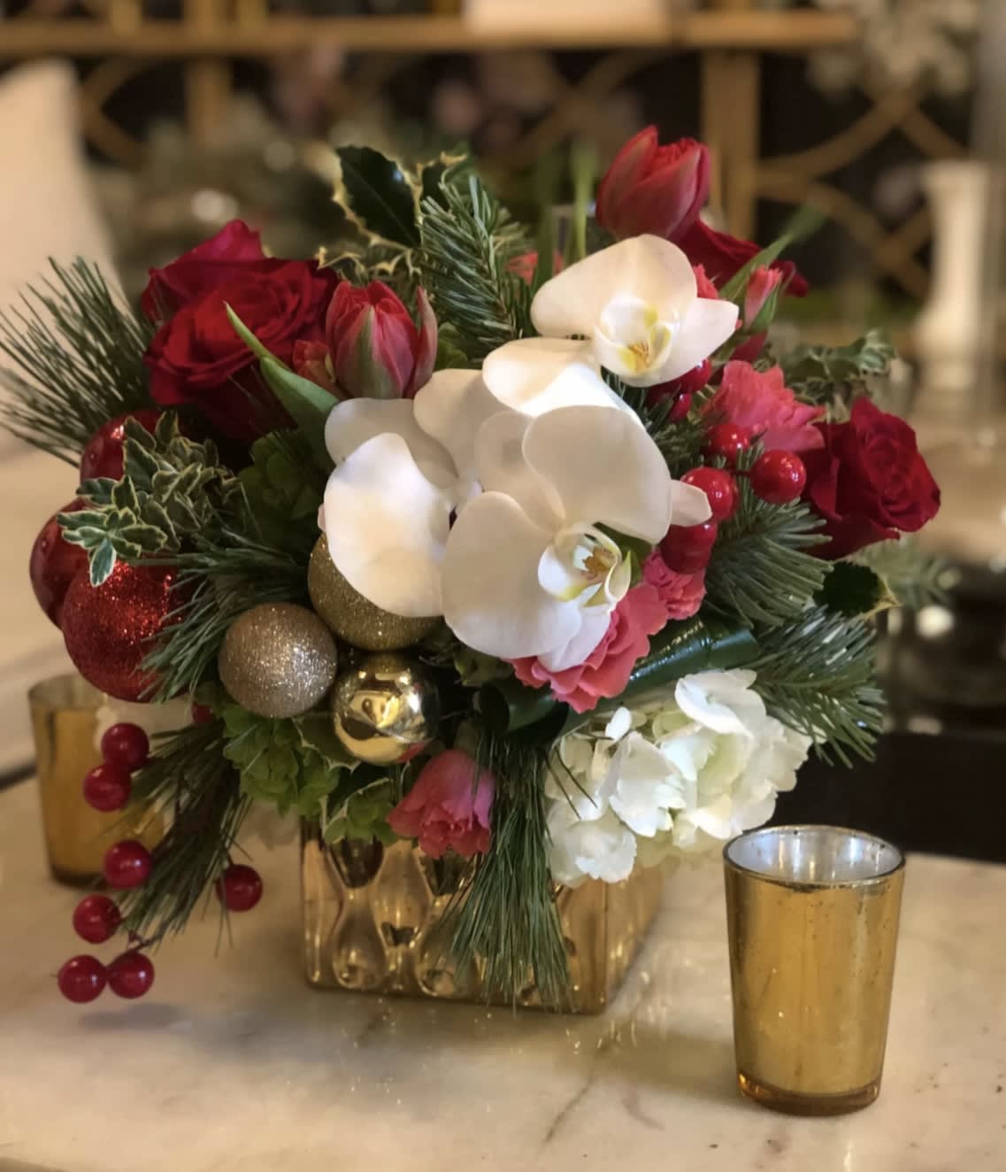 Holiday Bouquet  - Beautiful seasonal arrangement with red roses and gold accents 