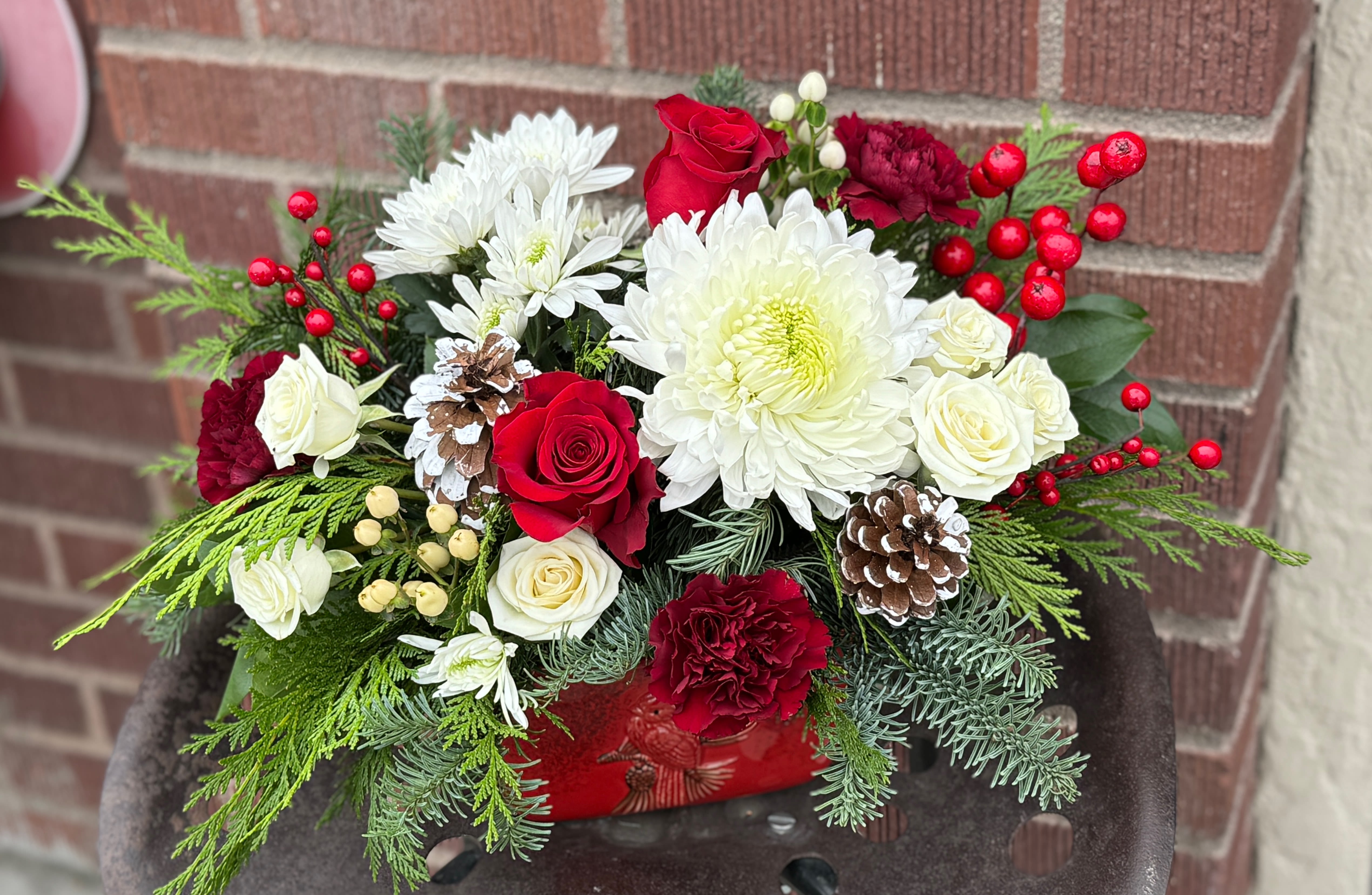 Cardinal Centerpiece - Arriving in an oven safe stoneware bowl. 