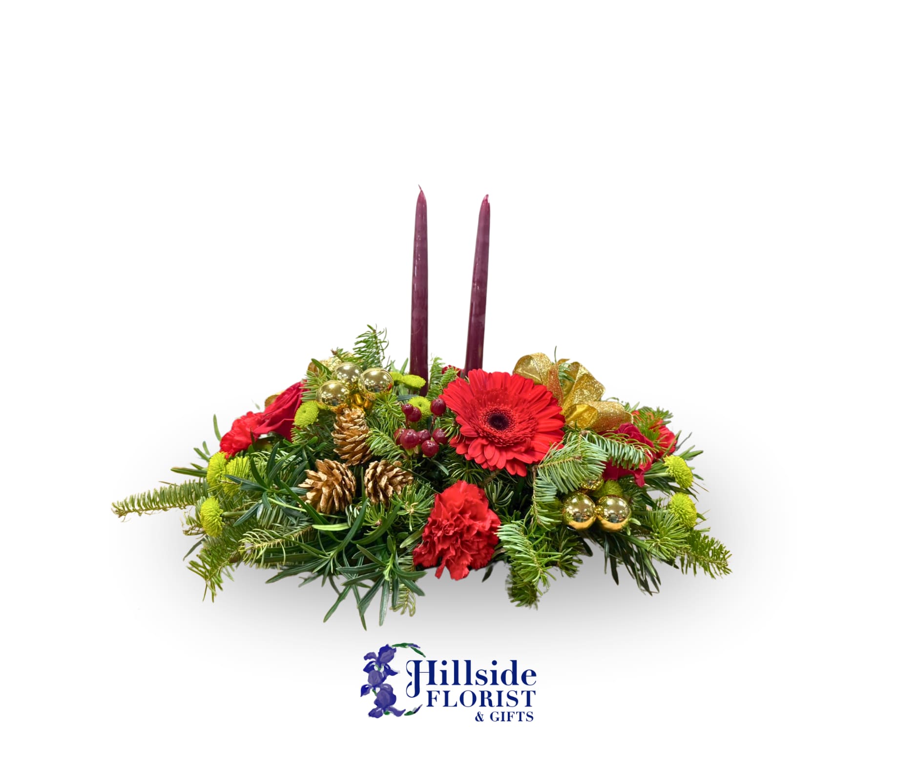 Holiday Gathering - This stunning centerpiece will make the dining room table sparkle for the holiday! With 2 candles and red flowers with gold accents is a showstopper! Santa might even stay for dinner at your house!   LOCAL DELIVERY ONLY 