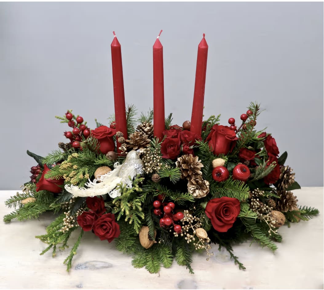 Holiday Cheer - WeHo  - Make sure to get your dining table arrangement for this year before it runs out. It will be a memorable arrangement for all our guests to enjoy. The size of this arrangement is approximately 12inches long and 6 inches wide.