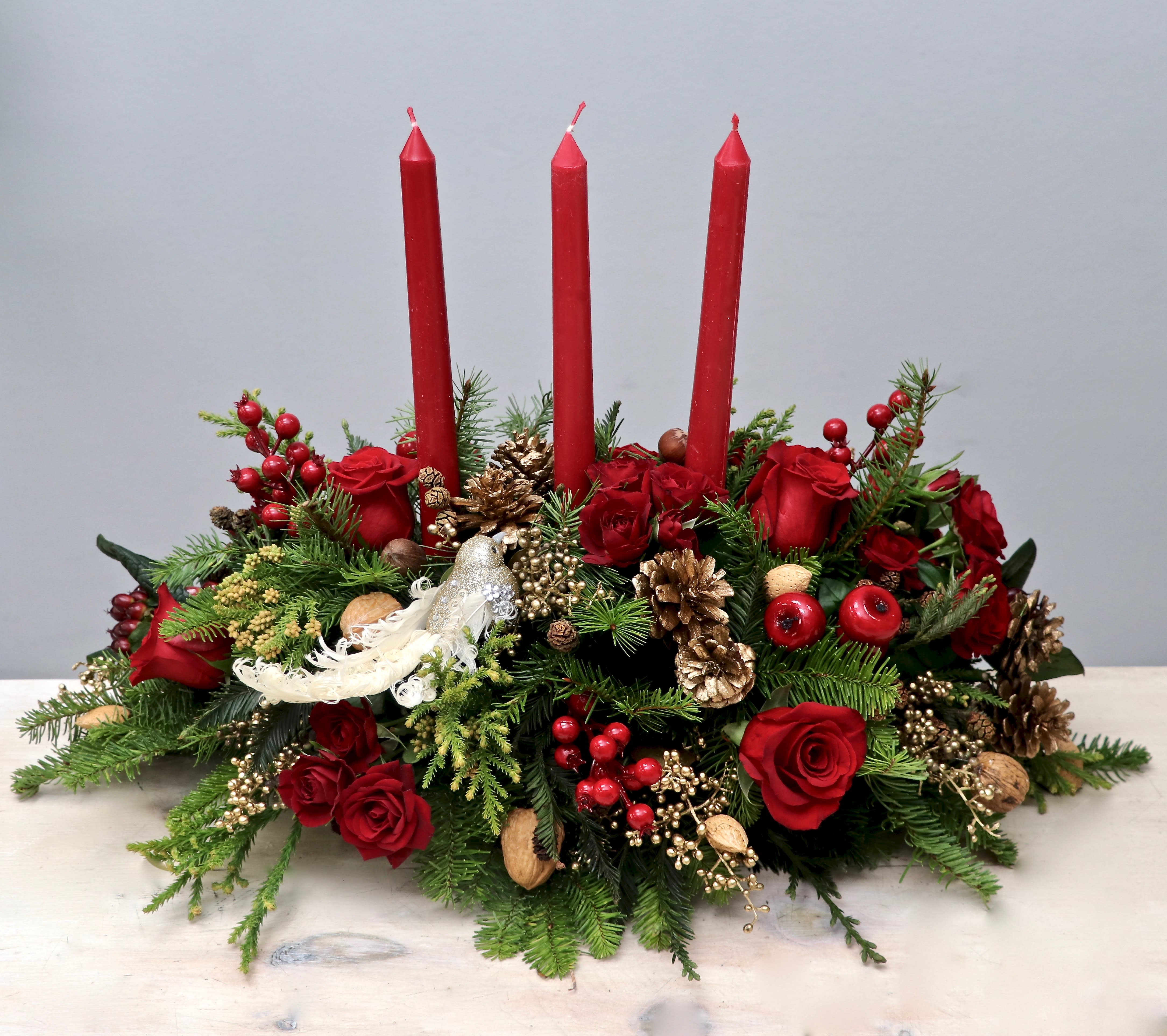 Holiday Cheer - My Glendale Florist - Make sure to get your dining table arrangement for this year before it runs out. It will be a memorable arrangement for all our guests to enjoy. The size of this arrangement is approximately 12inches long and 6 inches wide.  Glendale Florist is the premier online flower shop for the Glendale and the surrounding towns. Order flowers online from Glendale Florist for same day local flower delivery from conveniently located shops in Southern California to send flowers to Glendale, Los Angeles,  Hollywood, Echo Park, Silver Lake, Atwater Village, Burbank, Sherman Oaks, La Cañada, Flintridge, Pasadena, San Marino, Alhambra, Arcadia, Thousand Oaks, Tarzana, Tujunga, La Crescenta,Toluca Lake and more.