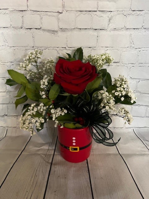 ** Santa Special ** - Send a single red rose, baby's breath and holly in this cute Santa mug (made of a hard plastic).  Perfect for anyone! Approx. 7" W x 8" H