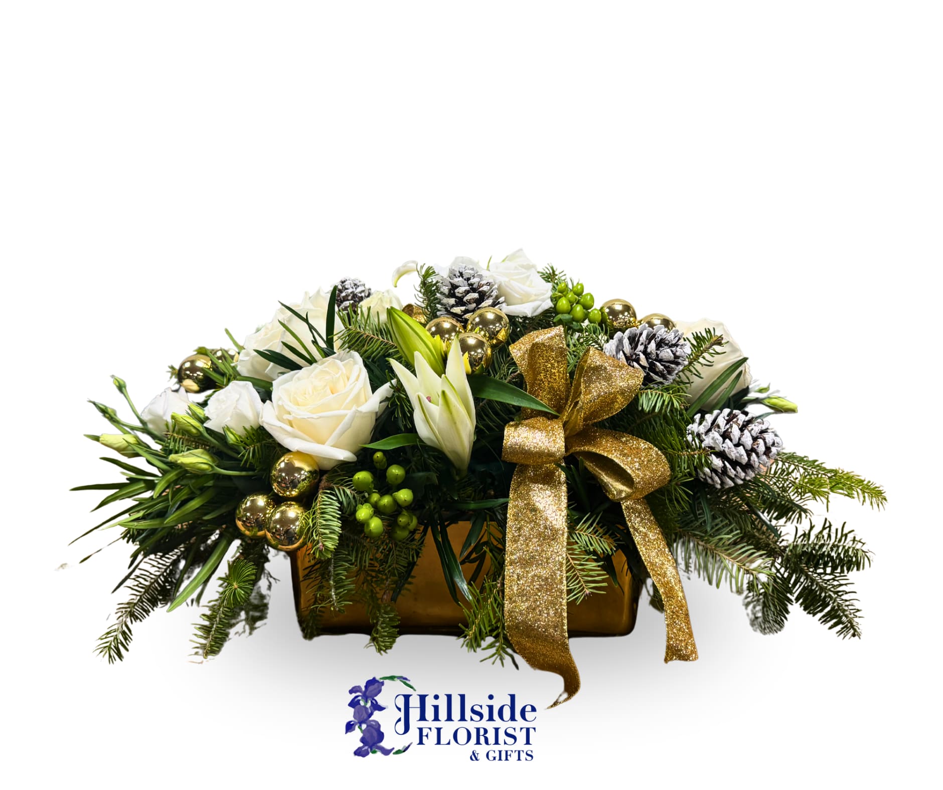 Golden Light - Look no further for this year's holiday centerpiece! This stunning arrangement shines bright even the dark! Designed in the shiniest gold planter, the white flowers just POP just like the Christmas spirit!   LOCAL DELIVERY ONLY 