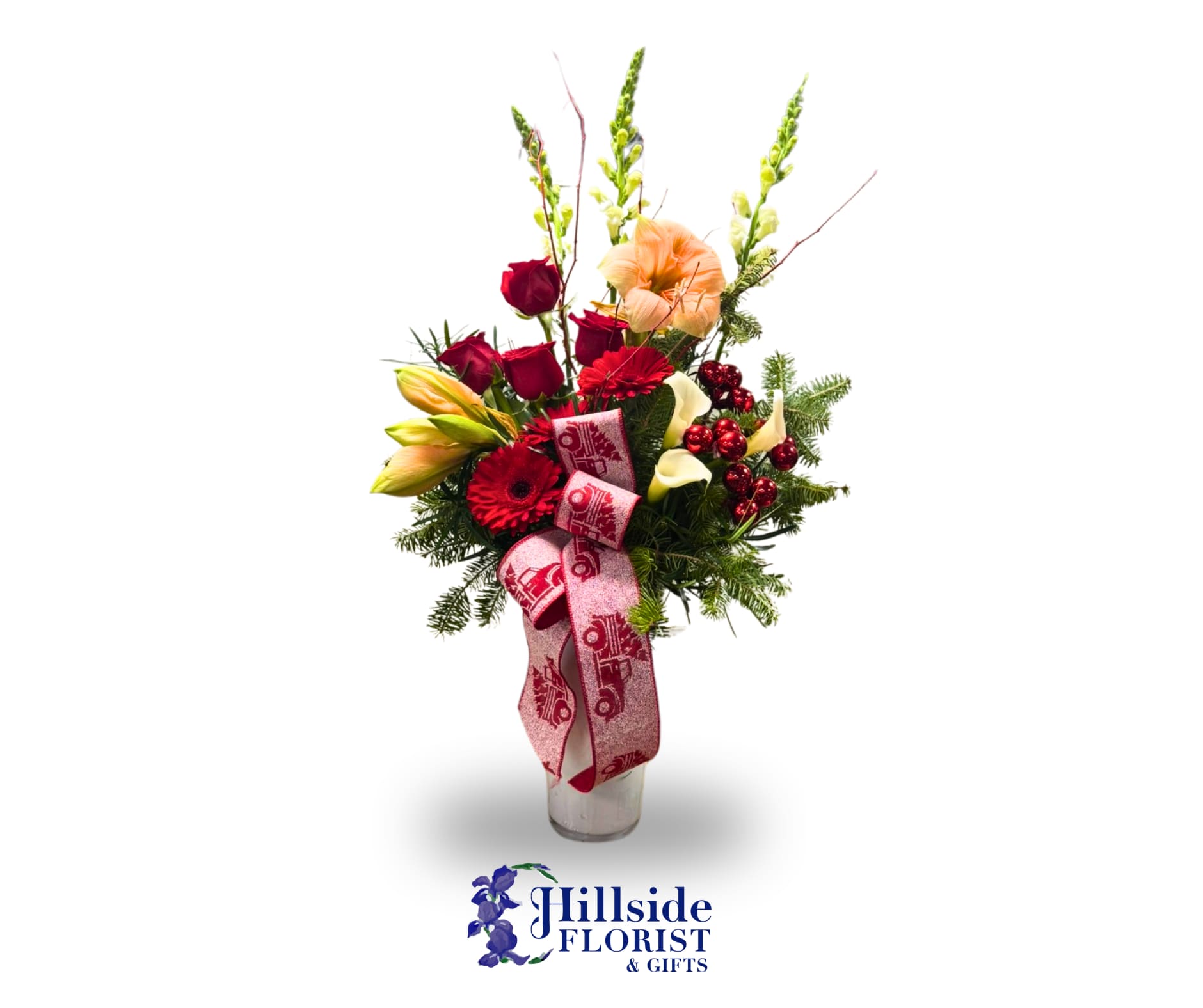 This Christmas - This Christmas will be filled to joy and happiness and Hillside Flowers! This arrangement of premium flowers is breath taking! The tall display is perfect for an entry way to greet your guest! It's a holiday miracle!  LOCAL DELIVERY ONLY