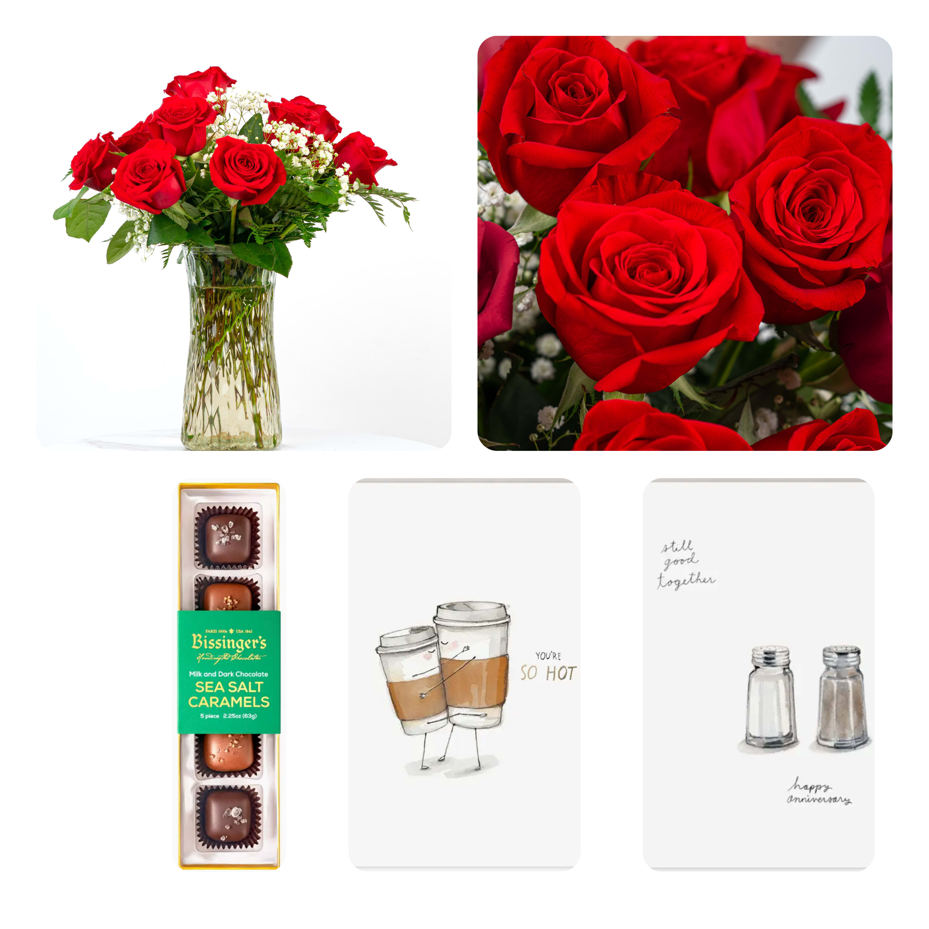 Anniversary Roses (a Schultz Floral Gift Set) - Celebrate your love with a romantic dozen of red roses paired with hand-crafted chocolates and a handwritten anniversary card. A simple, elegant way to say I love you and celebrate your time together.  This gift bundle includes: - One Dozen Red Roses Arranged - One 5 Piece Chocolate Gift Box. May Contain Allergens: Milk, Soy, Wheat, (and Tree Nuts in some varieties). - One handwritten anniversary card (include a your personal message during check out)