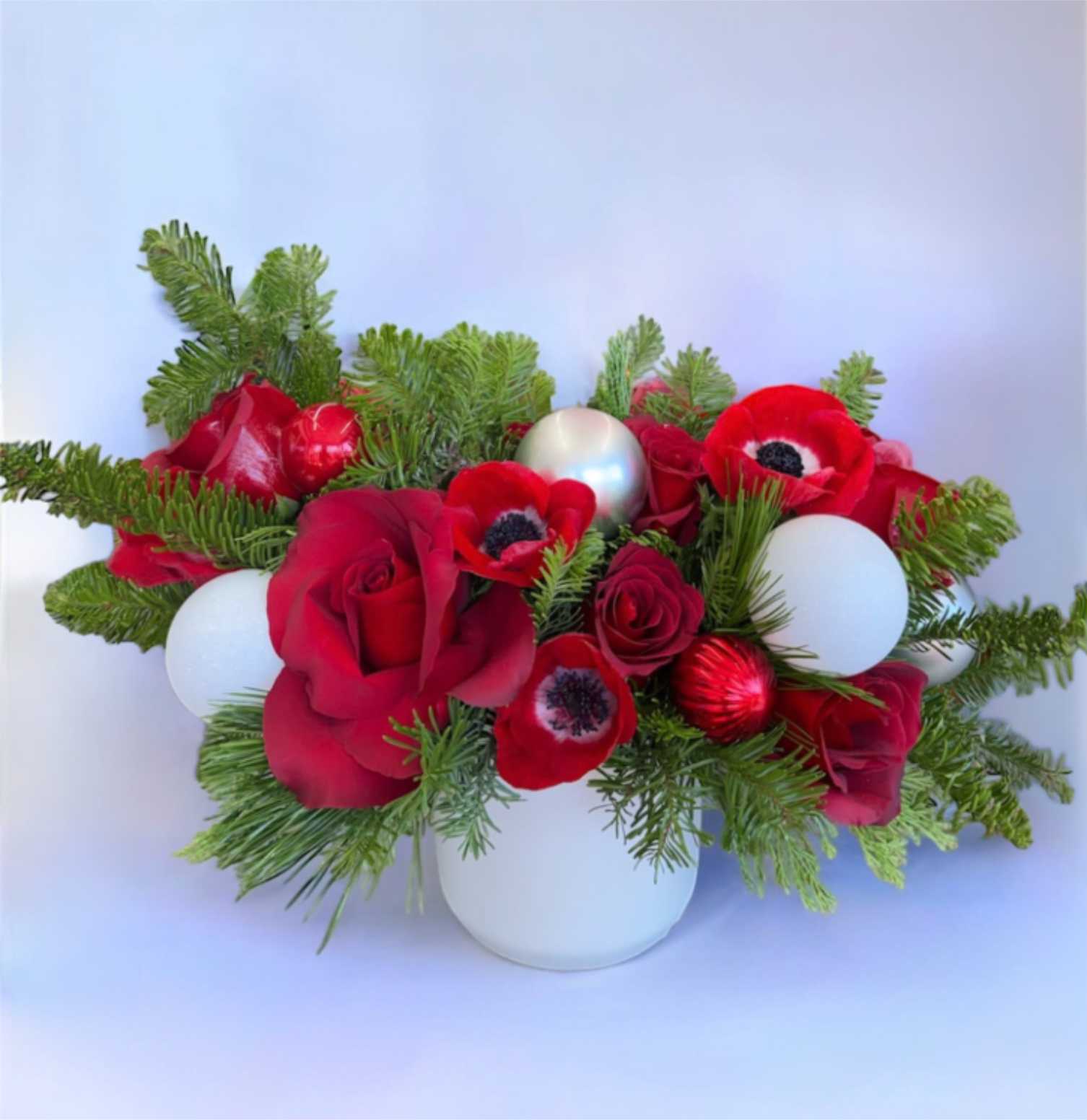 Red Radiance - Celebrate the season with this stunning “Red Radiance” floral arrangement, designed to fill your home with color, warmth, and holiday spirit. Its vibrant red flowers combined with lush green foliage and festive accents create a centerpiece that brightens any space during the holidays.