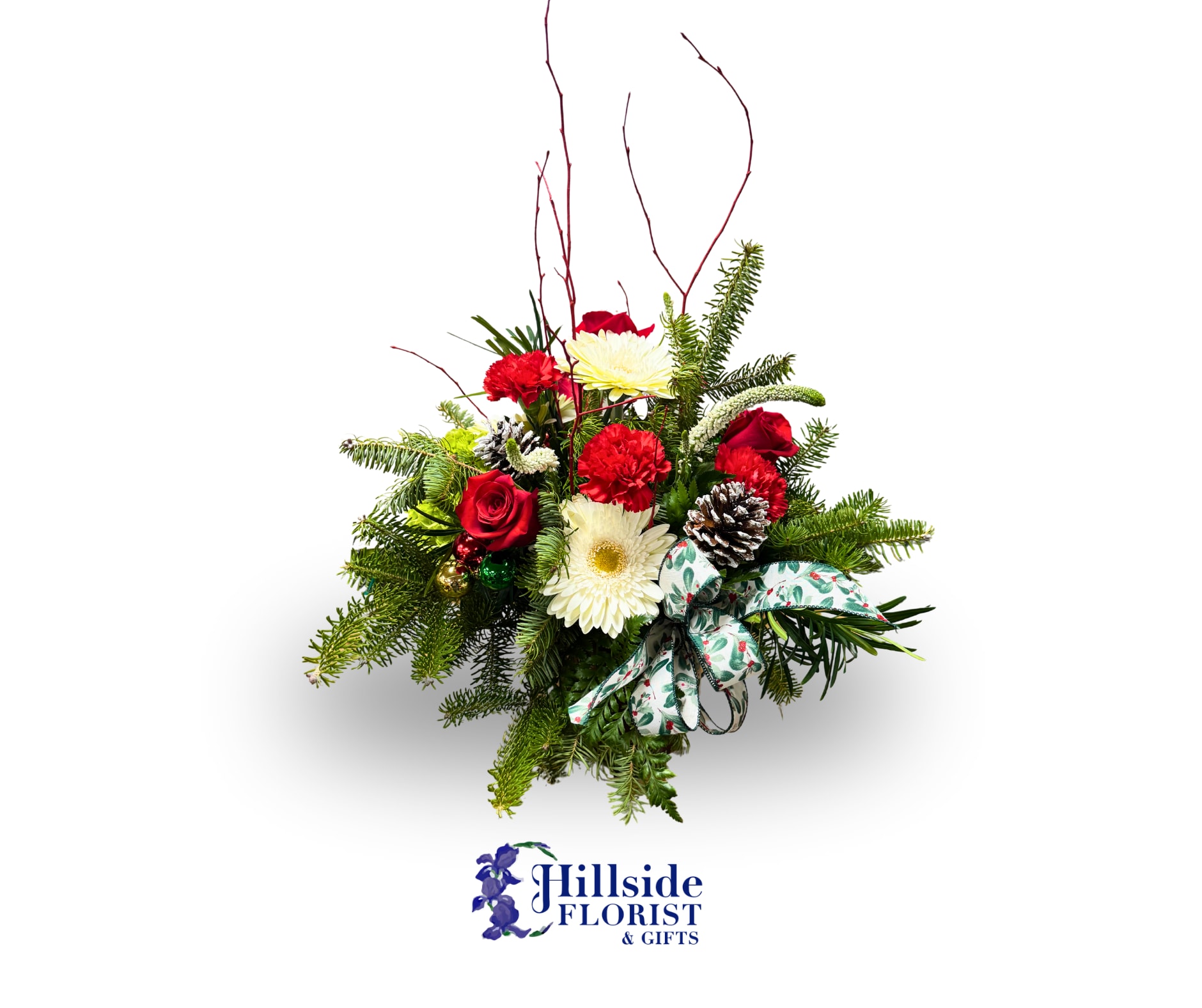 Santa - The man, the myth, the legend.... Santa is coming and what would look amazing next to the cookies by the fire... this beautiful arrangement! Designed in a fabulous red milk jug, a mix of red, white and greens flowers are just breath taking.  LOCAL DELIVERY ONLY