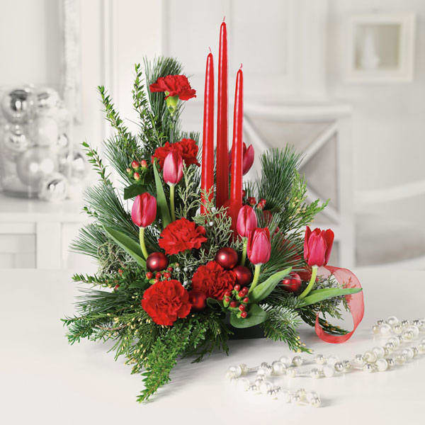 Modern Christmas Centerpiece - Red Taper Candles, Red Tulips, Red Carnations with Mixed evergreens Christmas Arrangements Centerpieces.