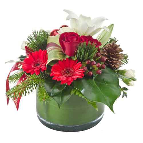 Gerberas and lilies  - A nice holiday floral designed for that special someone, Neighbor, co-worker or a family member.  In a cylinder vase 