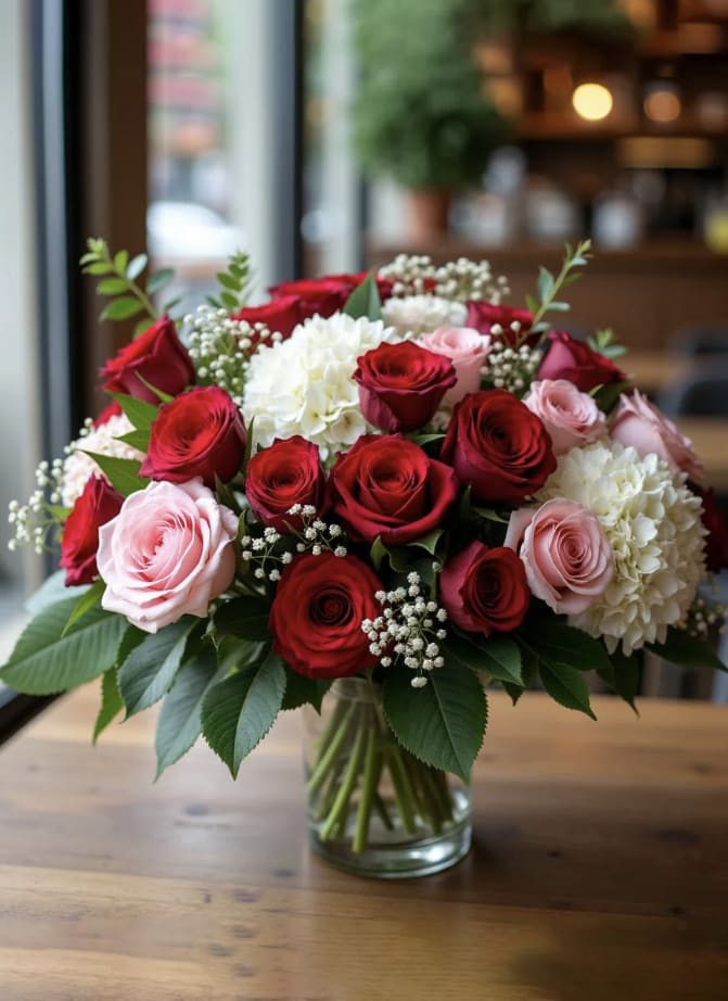 Heartfelt Romance - This arrangement feels like a confession written in flowers- a constellation os emotions gathered in one radiant bloom. Pink roses glow with deep, unconditional passion, while red roses whisper tenderness and devotion. Lush green and white hydrangeas create a cloud- like embrace, adding fullness and warmth, as if wrapping the heart in comfort and serenity.  Small white accent flowers shimmer like tiny stars add a quiet promise "I choose you". Perfect for someone precious- the one you admire, cherish, and want to make feel extraordinary. 