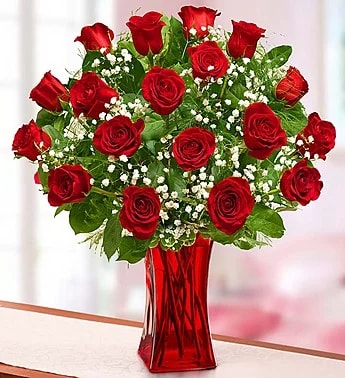Winter  red Roses  red vase  -  11&quot; red garden vase with baby's breath and fern Premium (SHOWN)  winter months will have evergreens  Vase will be round this year not square  Standard is 15 roses deluxe 24 roses  premium 36 roses 