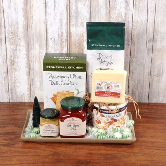 Holiday Savory - Crackers, pretzels, red pepper jelly, mustard, cheese and mixed nuts on a festive ceramic keepsake tray.  ****Product and flavors may vary depending on availability