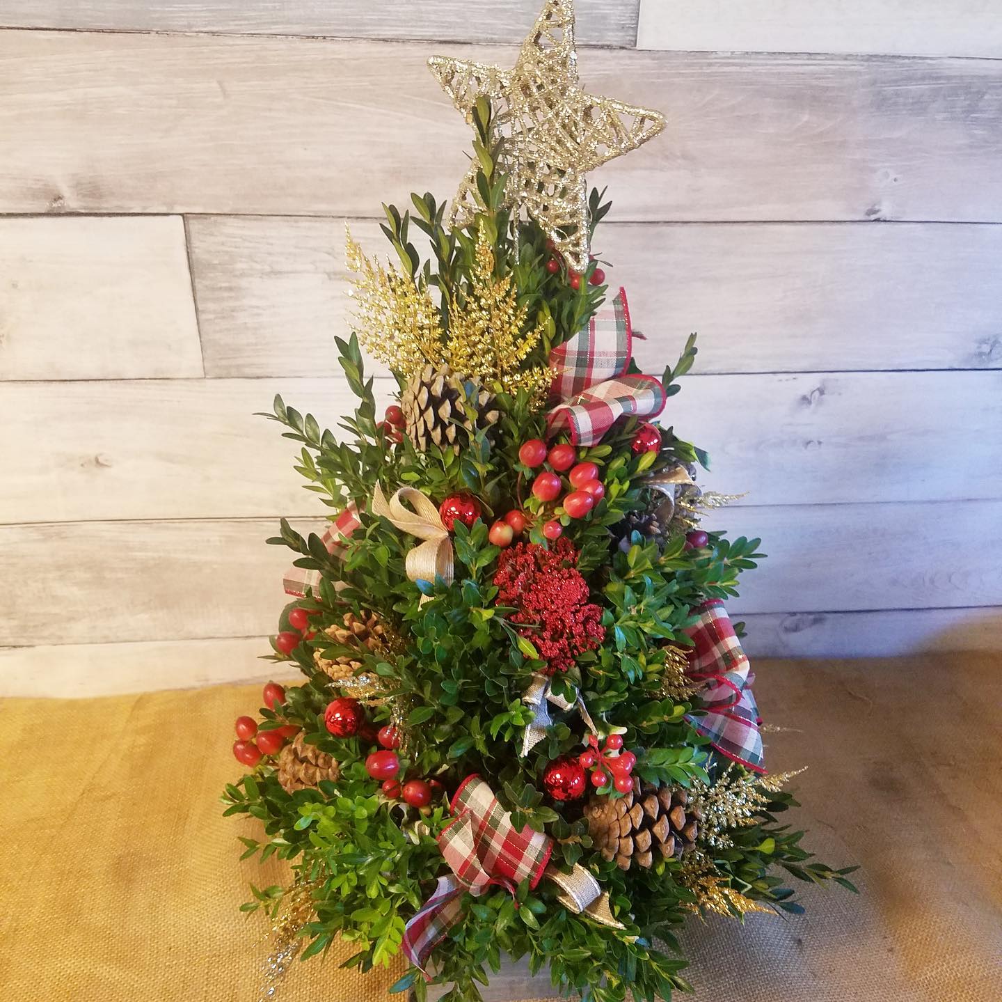 boxwood tree - long lasting mini tree for a table piece made out of boxwood with festive decorations