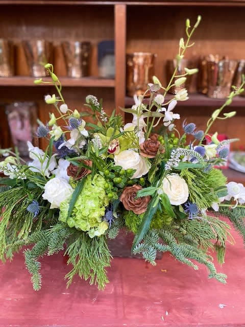 winter in Sonoma - textural box with winter greens, orchids, thistle and hydranga