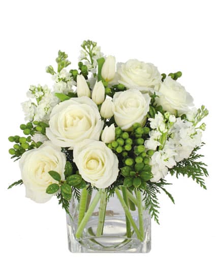 ARCTIC CHEER BOUQUET  -  This stunning arrangement is sure to bring cheer anywhere! With gorgeous roses, impeccable tulips, and pretty stock, Arctic Cheer is a peaceful and mesmerizing mix. Find all the beauty of winter minus the cold with this one-of-a-kind arrangement! 
